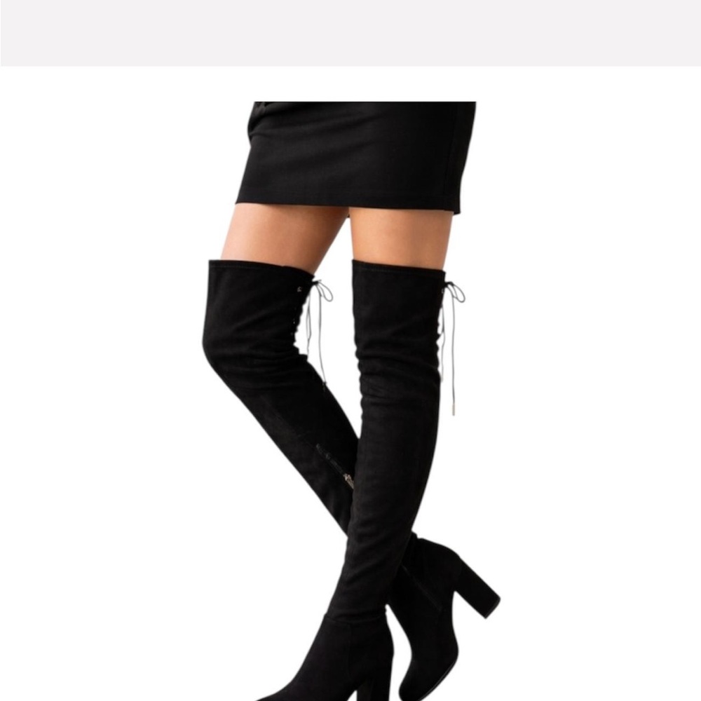 Marc Fisher black faux suede over-the-knee boots with a block heel and tie-back.